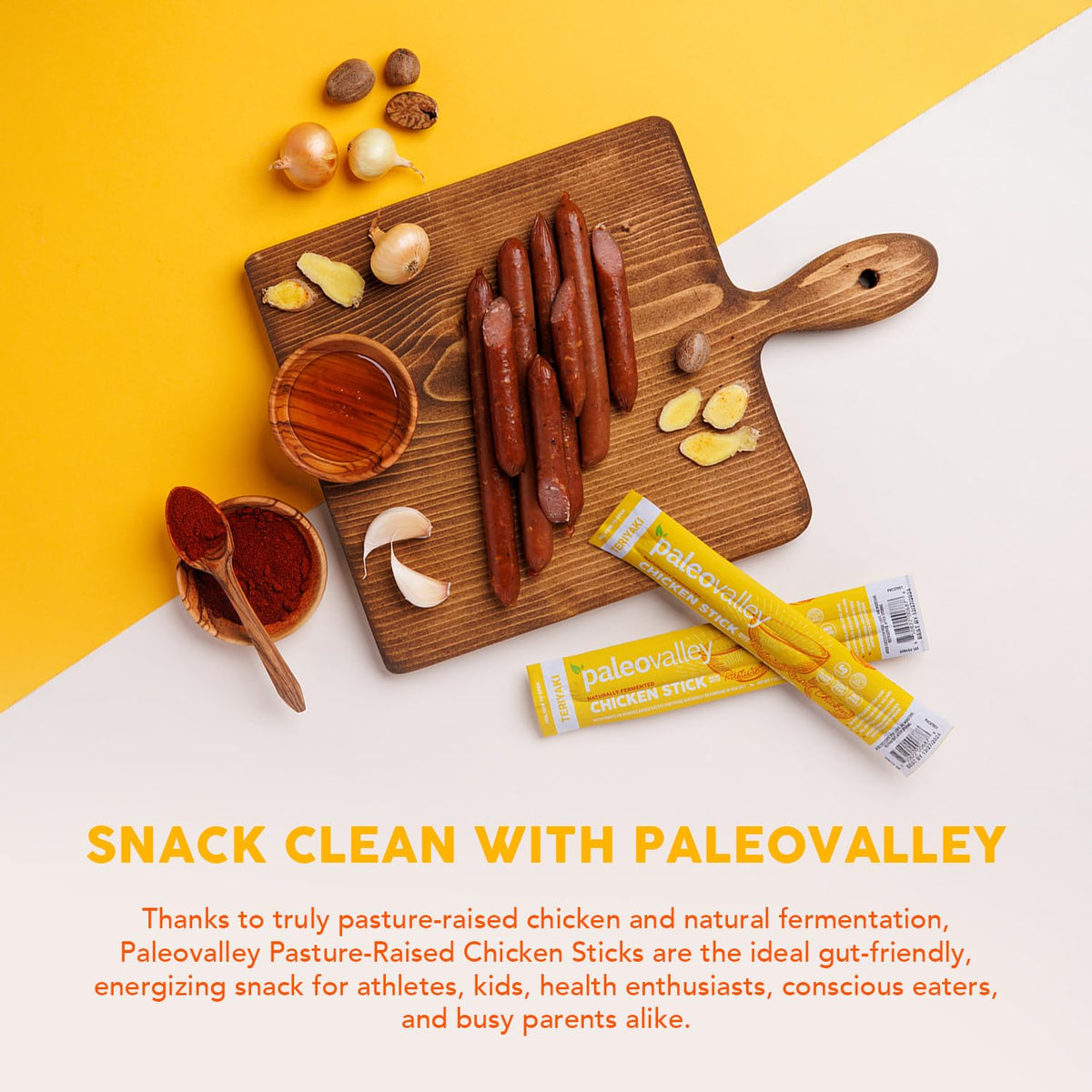 Paleovalley chicken sticks 7g protein per stick nutrition focus on-the-go snacking.