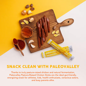 Paleovalley chicken sticks 7g protein per stick nutrition focus on-the-go snacking.