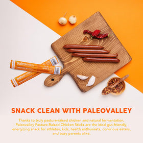 Paleovalley chicken sticks label notes antibiotic-free, high-quality ingredients.