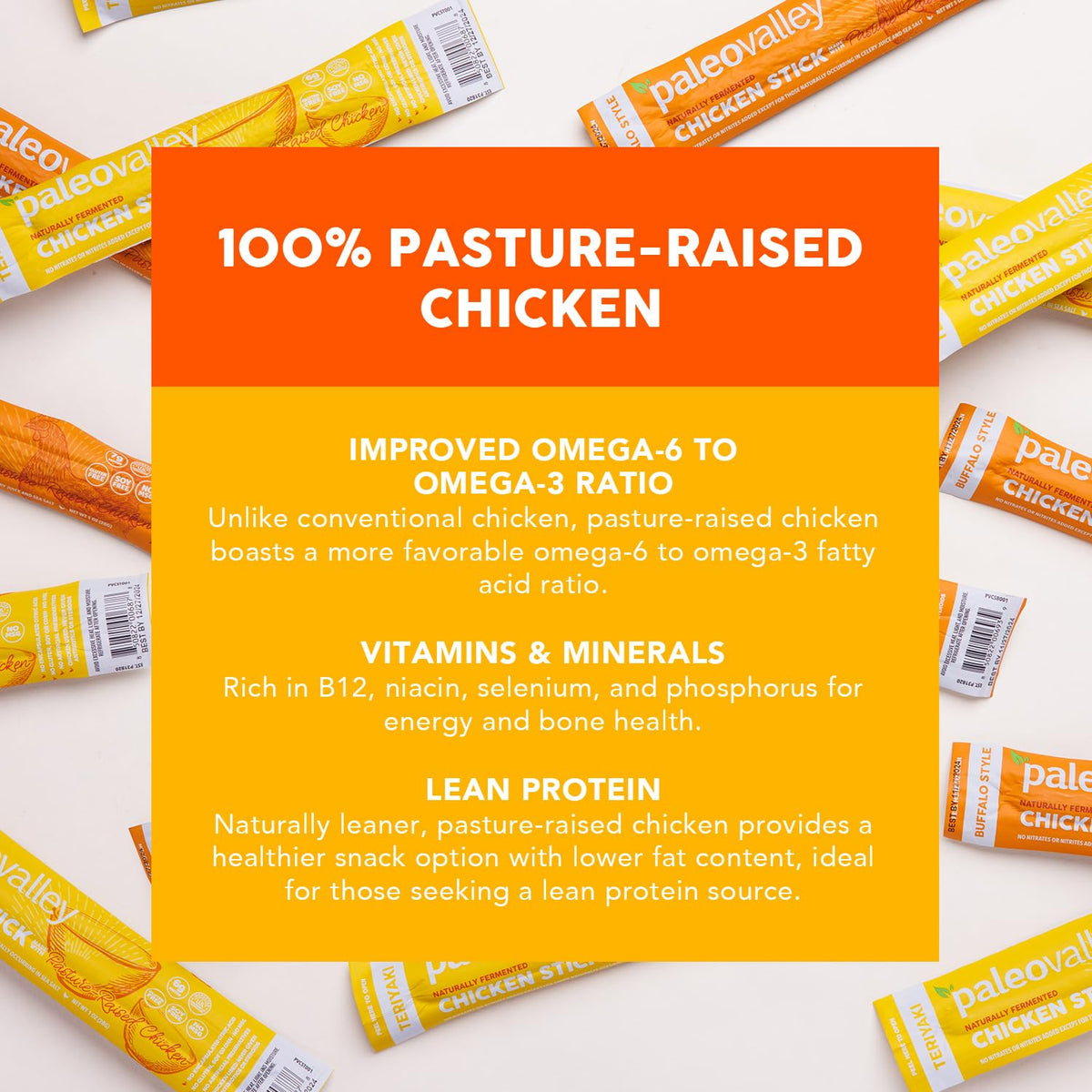 Paleovalley chicken sticks Teriyaki close-up nutrition label and savory spices.