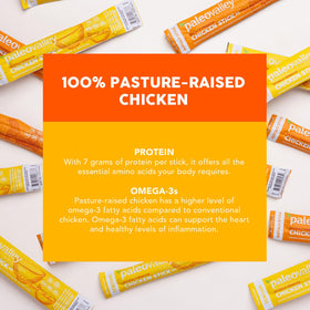 Paleovalley gluten-free nitrate-free chicken sticks packaging highlights clean ingredients.