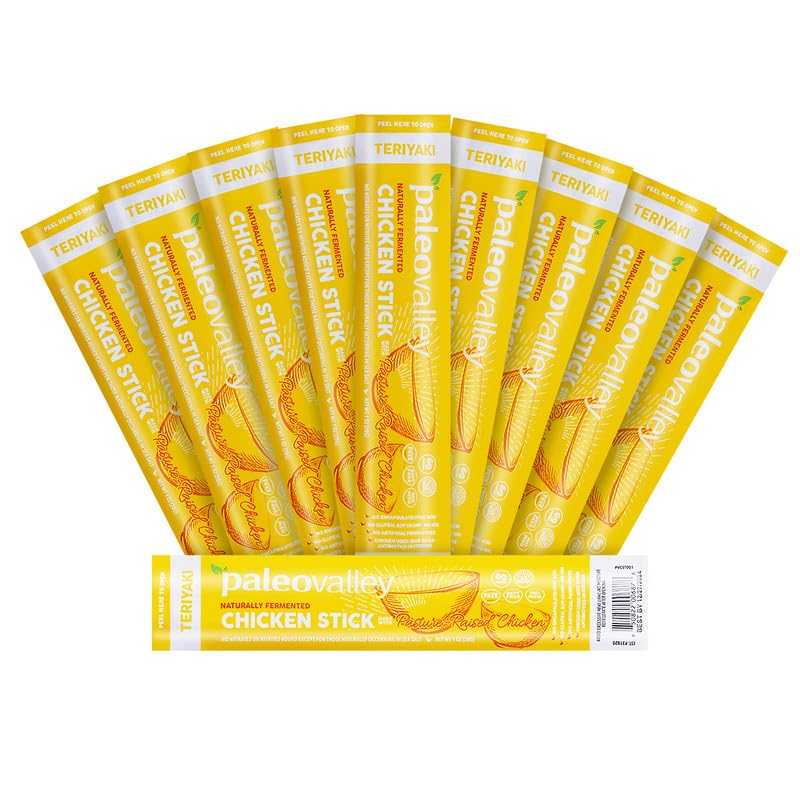 Paleovalley chicken sticks Teriyaki pack front shows on-the-go protein for busy days.