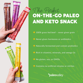 Paleovalley fermented beef sticks showcase shelf stable probiotics.