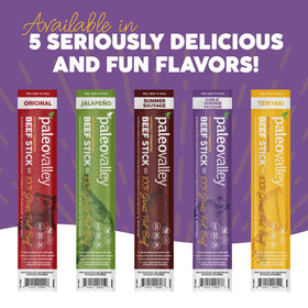 Paleovalley gluten-free beef stick slice highlighting allergen-free option