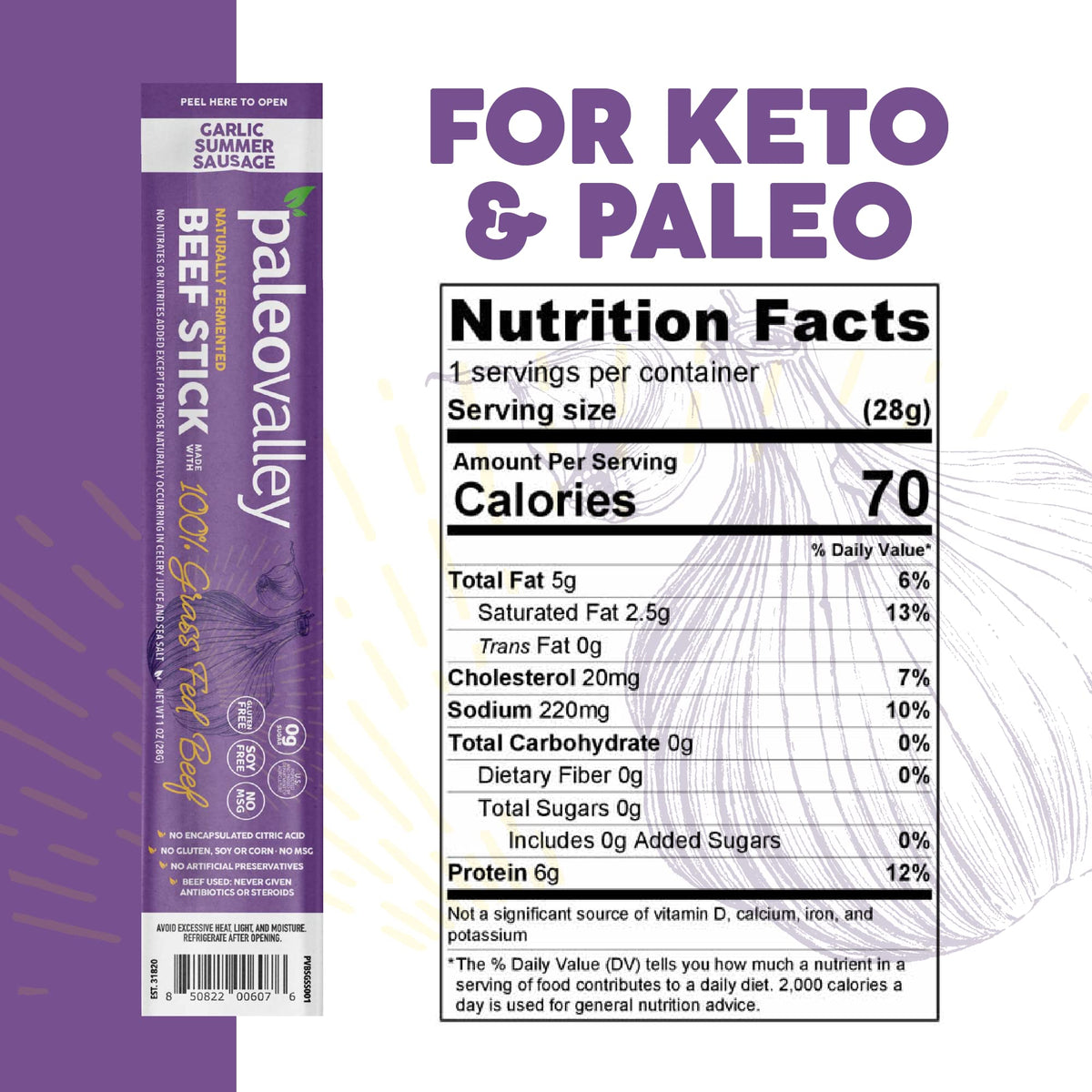 Paleovalley Grass-Fed Beef Stick closeup emphasizing high-protein paleo snack