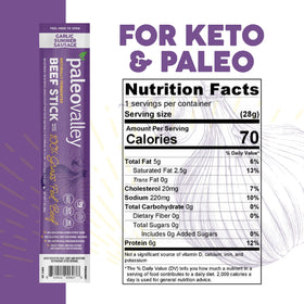 Paleovalley Grass-Fed Beef Stick closeup emphasizing high-protein paleo snack