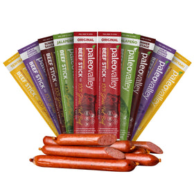 Paleovalley grass fed beef sticks pack, gluten free, high protein snack.