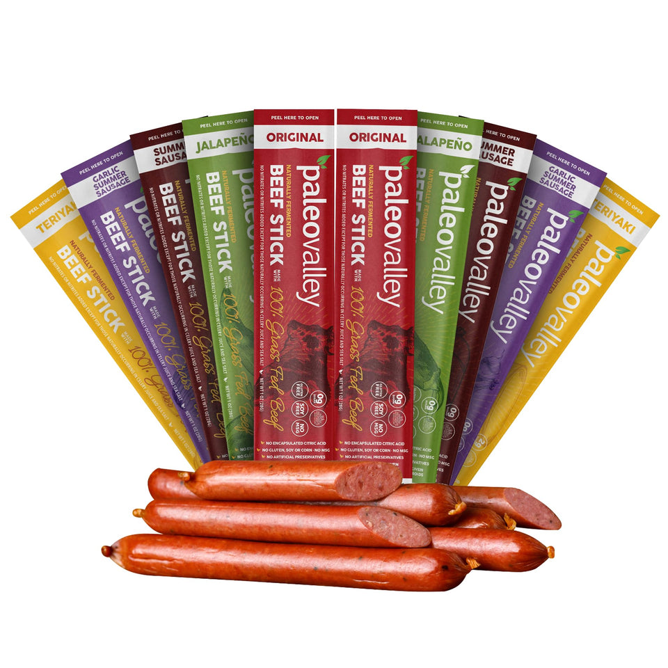 Paleovalley grass fed beef sticks pack, gluten free, high protein snack.