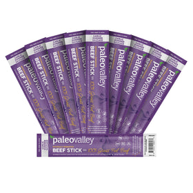 Paleovalley Grass-Fed Garlic Summer Sausage beef sticks packaging highlights premium sourcing and gluten-free snack option