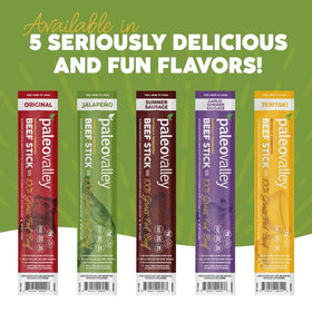 Paleovalley Jalapeno Beef Sticks ingredients board emphasizes grass-fed beef