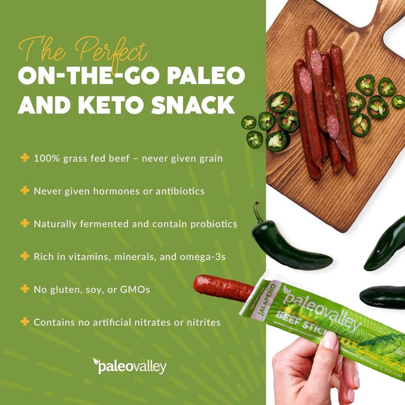 Nutrition label close-up on Paleovalley Jalapeno Beef Sticks highlighting omega-3