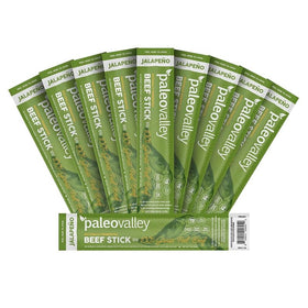 Paleovalley Jalapeno Beef Sticks package highlights gluten-free, high-protein on-the-go snack