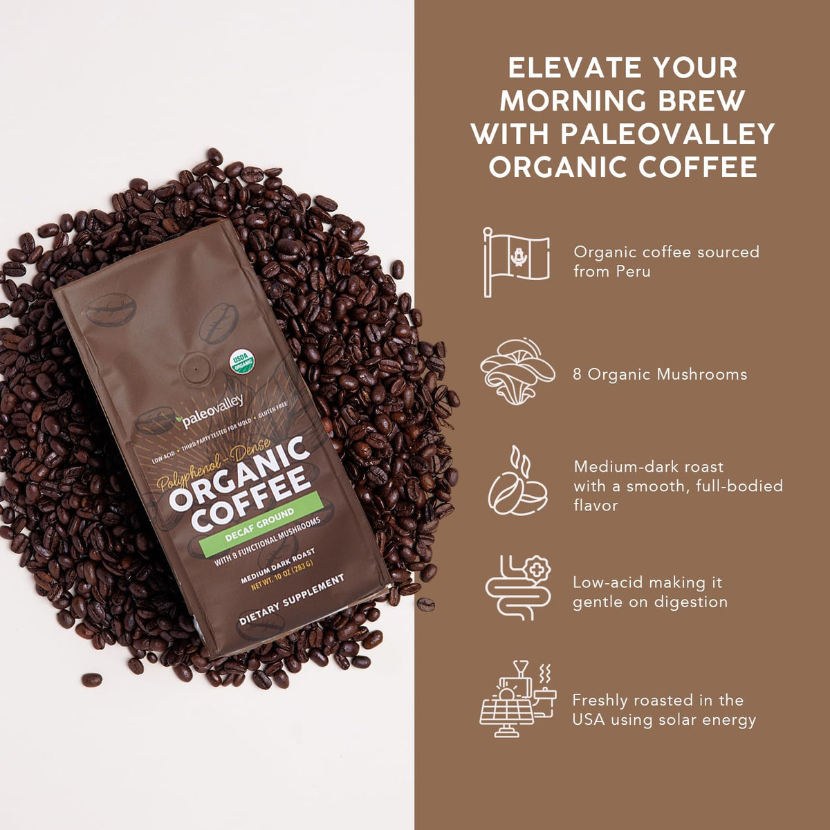 Paleovalley mushroom-infused coffee with eight mushrooms for potential focus