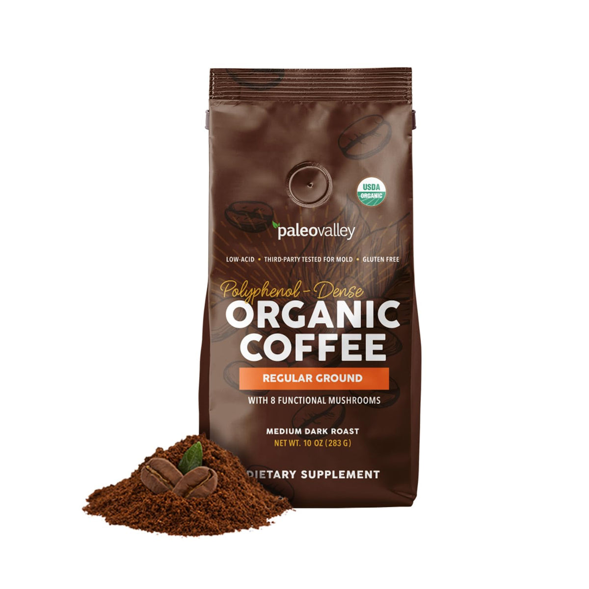 Paleovalley Organic Ground Coffee bag front label with low-acid smooth brew