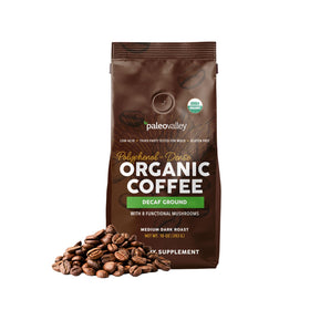 Paleovalley organic ground coffee decaf 10oz in cup for a smooth, low-acid start