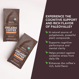 Paleovalley Organic Ground Coffee grounds close-up showing rich texture and polyphenol-dense aroma