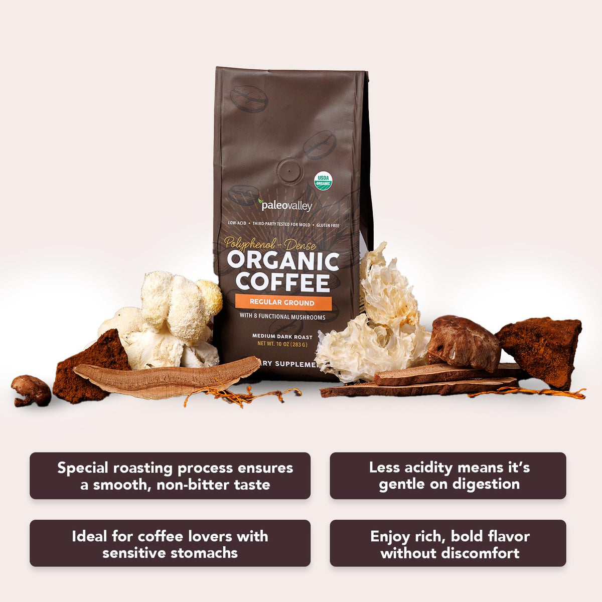 Paleovalley Organic Ground Coffee label shows eight mushrooms for enhanced aroma and complexity