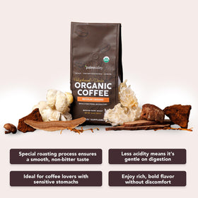 Paleovalley Organic Ground Coffee label shows eight mushrooms for enhanced aroma and complexity
