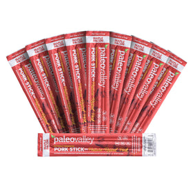 Paleovalley Pork Sticks Maple Bacon pack shot showing convenient, on-the-go protein snack