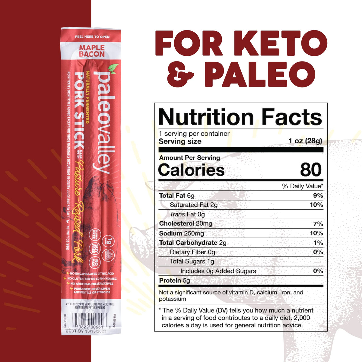 Paleovalley Pork Sticks Maple Bacon unwrap close-up highlighting savory flavor