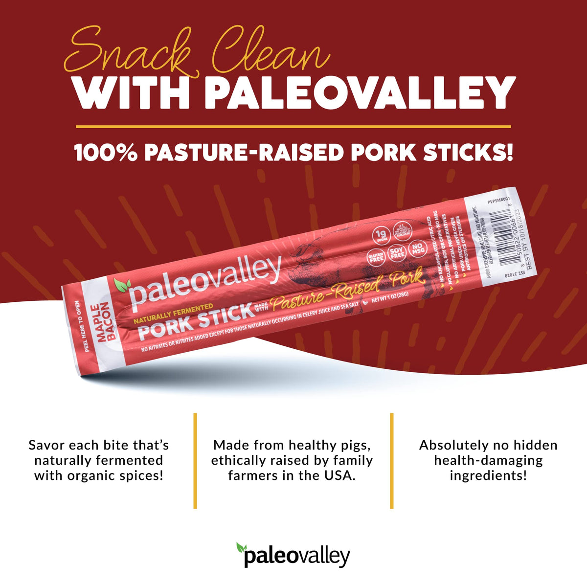 Paleovalley Pasture-Raised Pork Sticks arranged as an on-the-go snack for active days