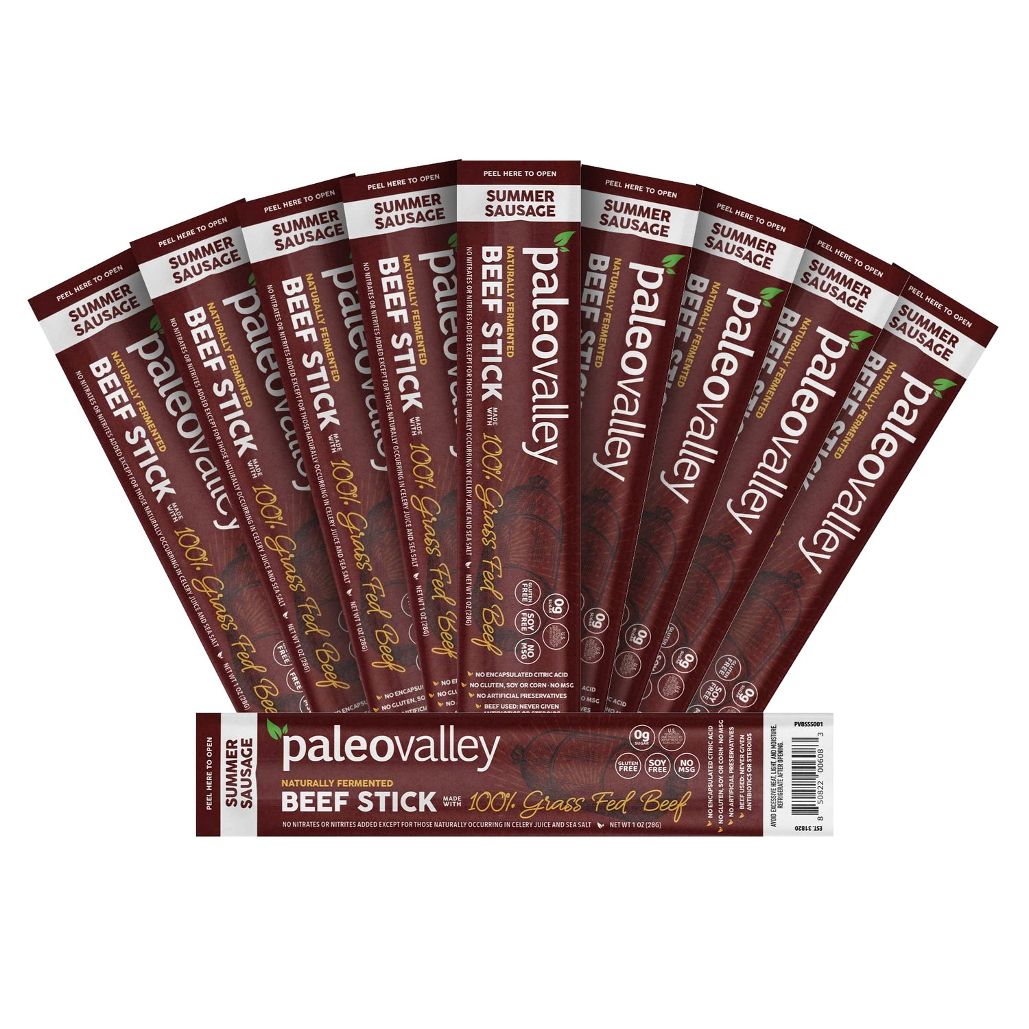 Paleovalley Summer Sausage packaging shows grass-fed beef and gluten-free quality.