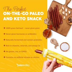 Paleovalley Teriyaki Beef Sticks nutrition label highlighting protein and omega-3.