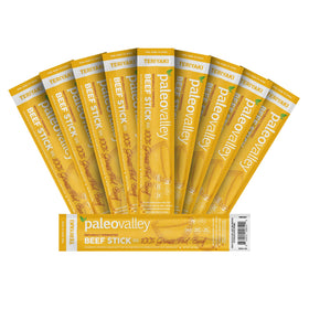 Packaging of Paleovalley Teriyaki Beef Sticks, gluten-free protein snack for on-the-go.