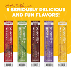 On-the-go lunchbox idea with Paleovalley Teriyaki Beef Sticks, keto-friendly snack.
