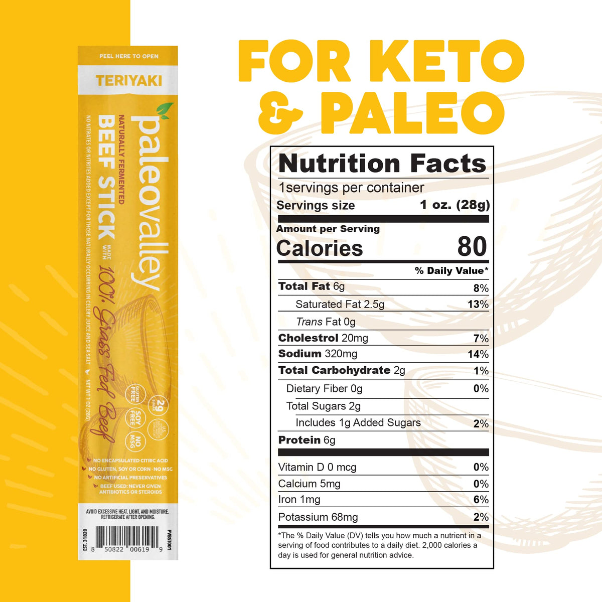 Sliced Paleovalley Teriyaki Beef Sticks on a plate, high-protein gluten-free snack.