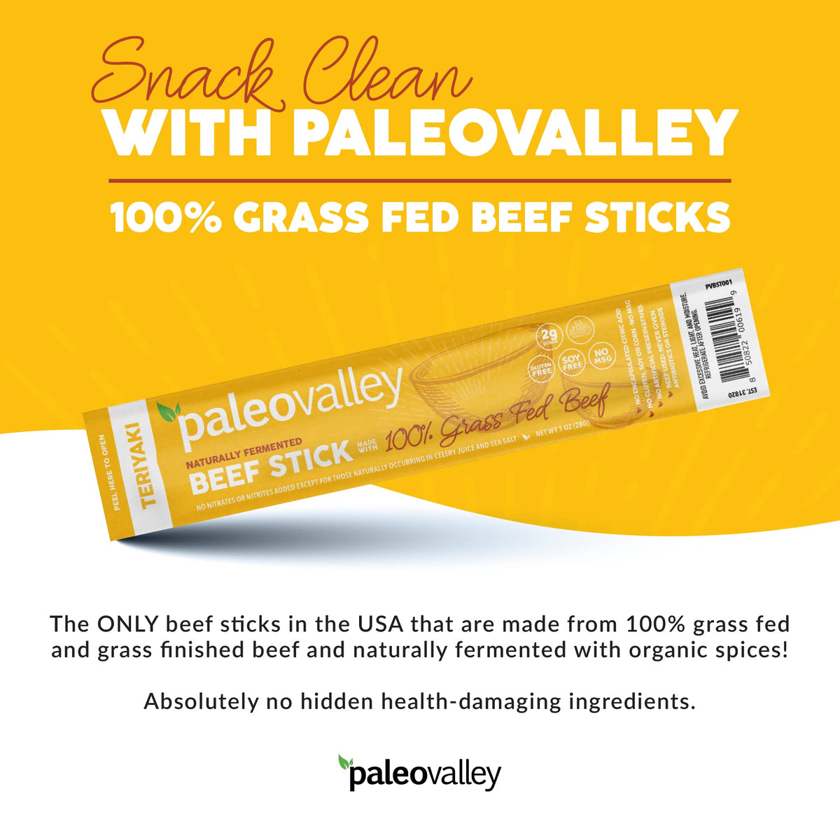 Close-up texture of Paleovalley Teriyaki Beef Sticks showing lean meat and herbs.