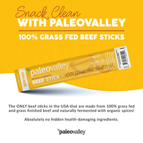 Close-up texture of Paleovalley Teriyaki Beef Sticks showing lean meat and herbs.