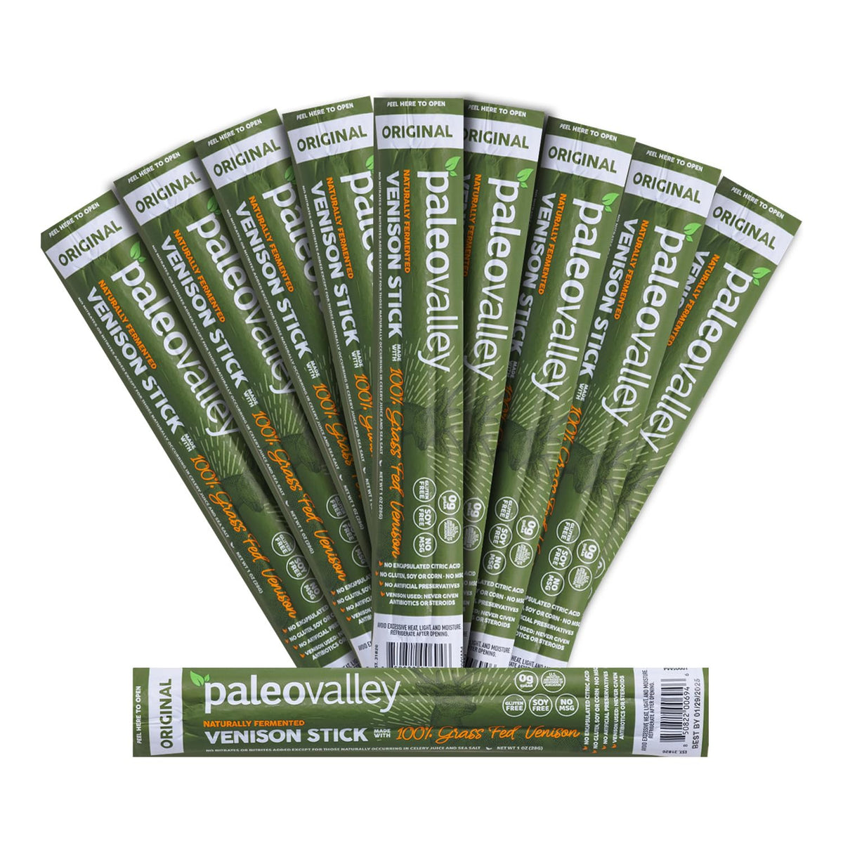 Paleovalley Venison Sticks 10-pack front view showing a convenient high-protein snack.