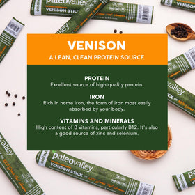 Paleovalley Venison Sticks nutrition panel shows 7g protein per stick and gluten-free claim.
