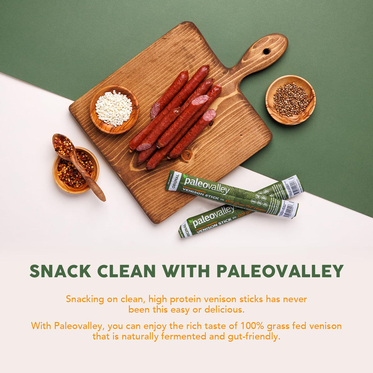 Paleovalley Venison Sticks with organic spice rub showcasing clean, savory seasoning.