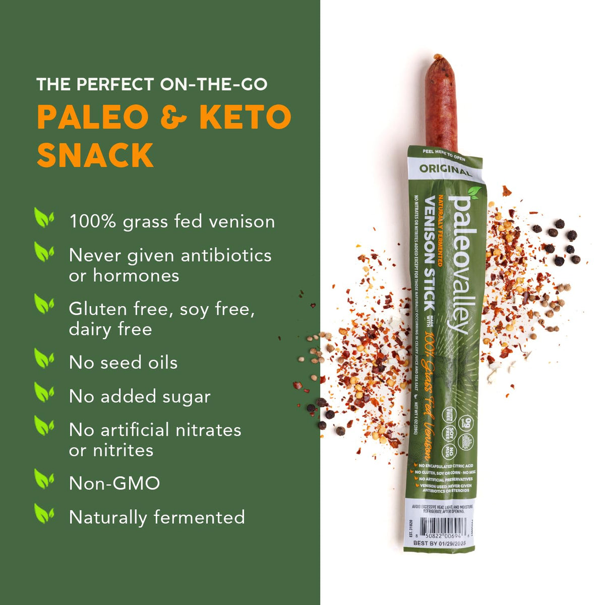 Paleovalley Venison Sticks packaging detail highlighting natural fermentation and no artificial ingredients.