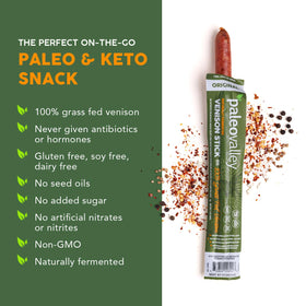 Paleovalley Venison Sticks packaging detail highlighting natural fermentation and no artificial ingredients.