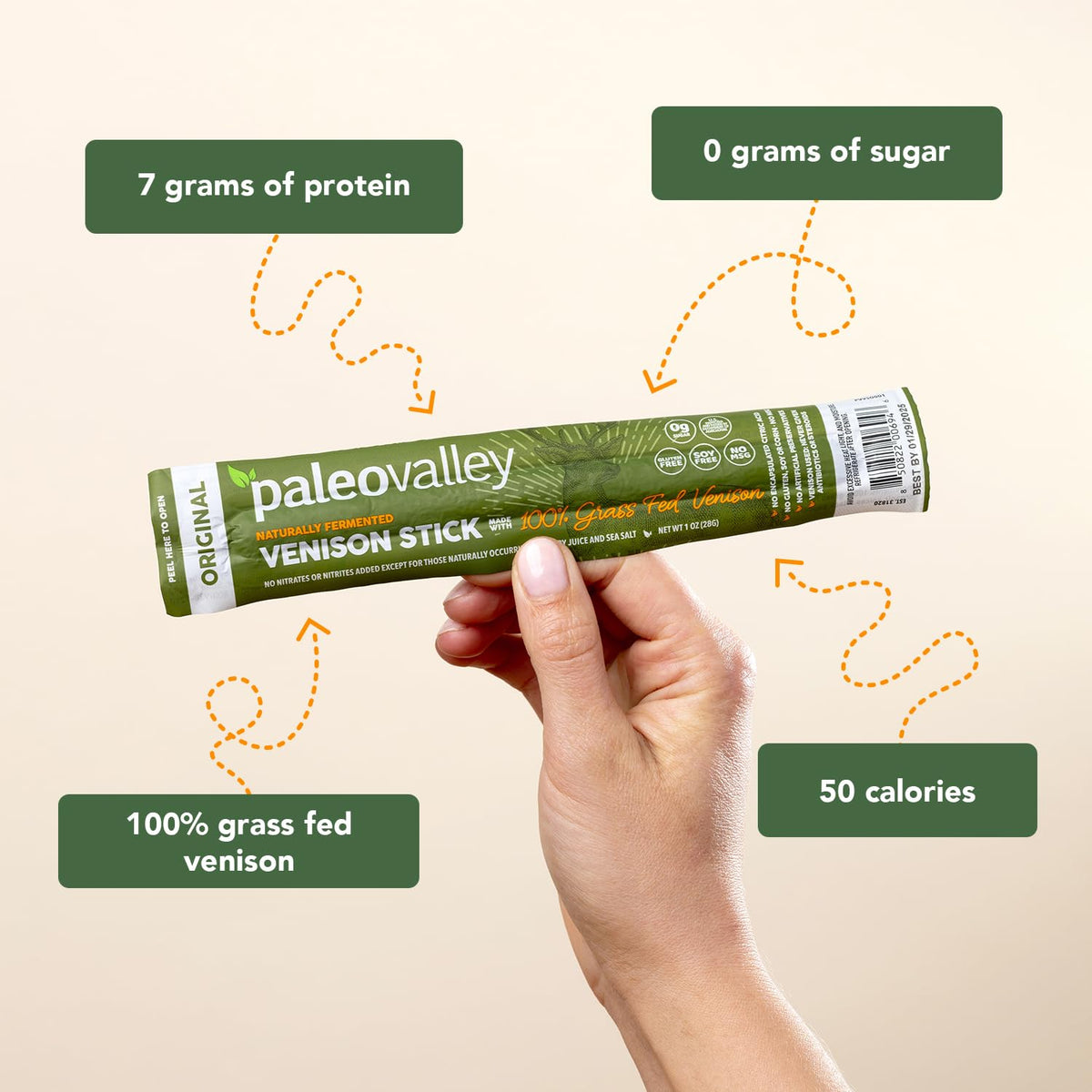 Paleovalley Venison Sticks texture close-up reveals lean meat and balanced flavor.