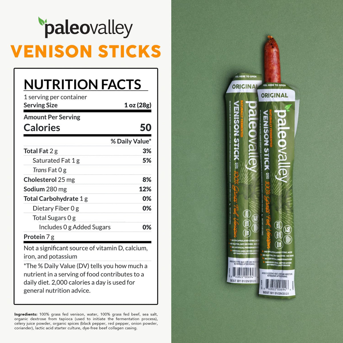 Travel-friendly Paleovalley Venison Sticks image emphasizes shelf-stable, ready-to-eat snack.