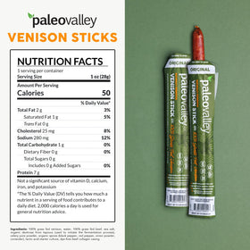 Travel-friendly Paleovalley Venison Sticks image emphasizes shelf-stable, ready-to-eat snack.