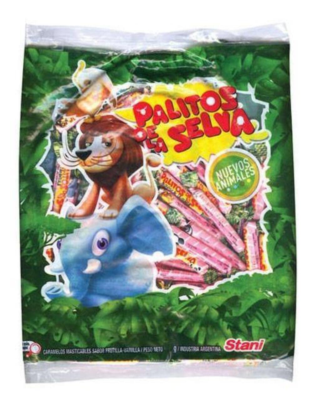 Palitos de la Selva chewable candies in a resealable bag with vanilla and strawberry flavors, great for snacks.