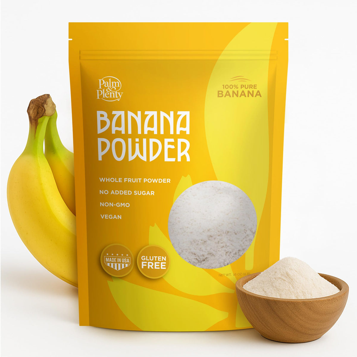 Palm & Plenty Banana Powder packaging close-up highlighting natural flavor for clean-label recipes.