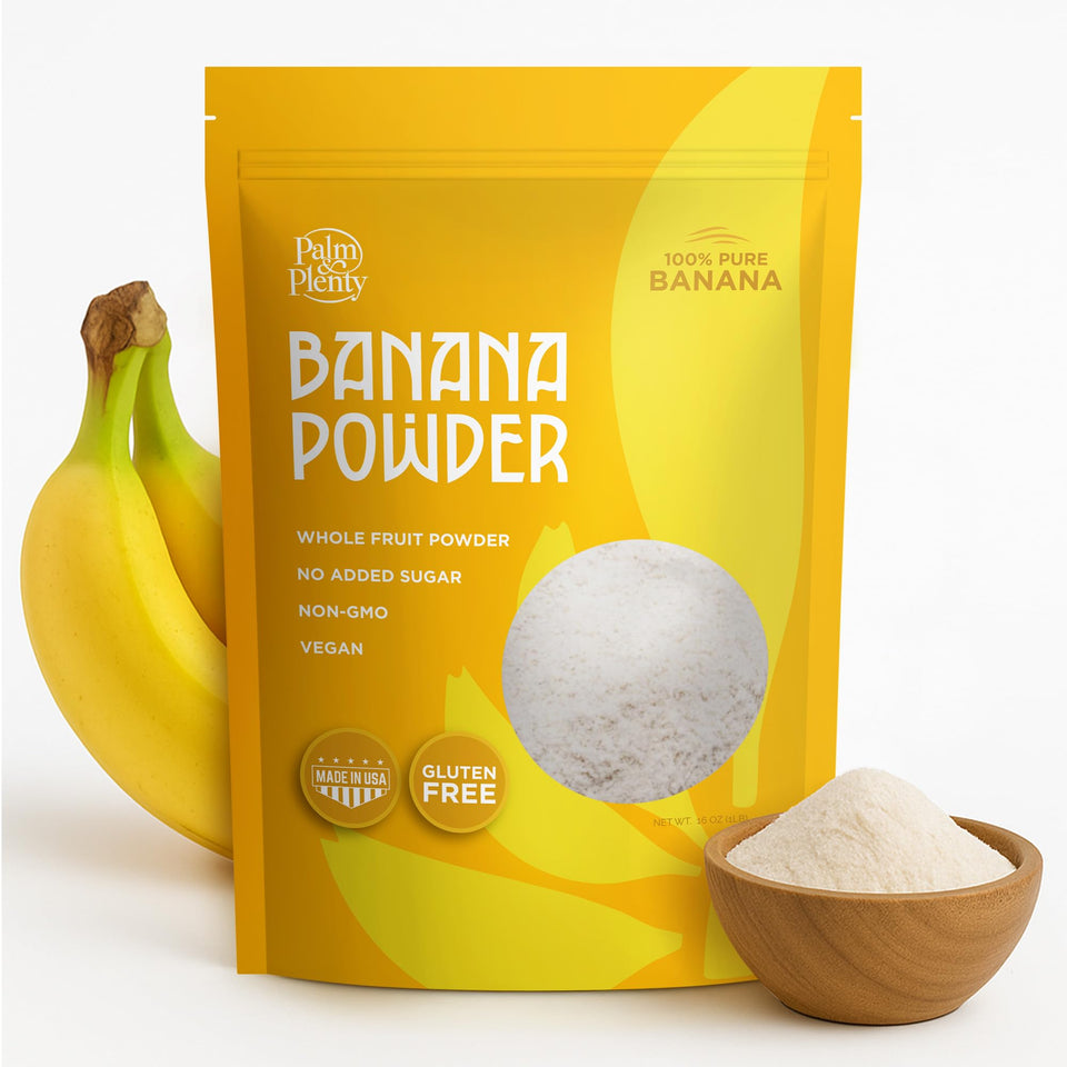 Palm & Plenty Banana Powder packaging close-up highlighting natural flavor for clean-label recipes.