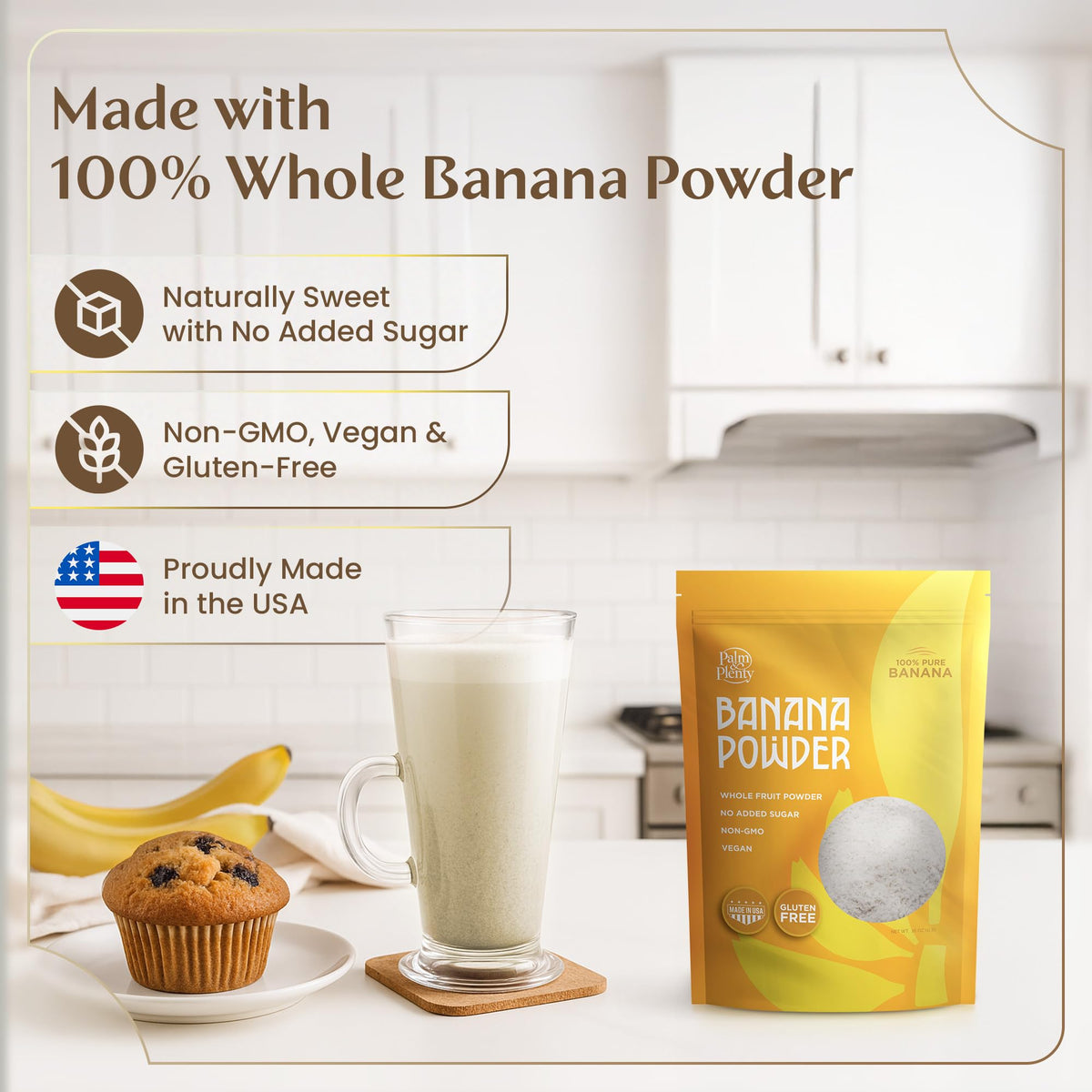 Palm & Plenty Banana Powder scoop demonstrates measurement for smoothies and shakes.