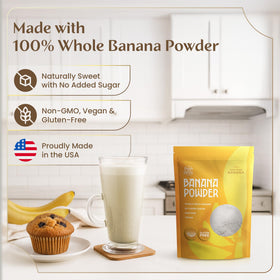 Palm & Plenty Banana Powder scoop demonstrates measurement for smoothies and shakes.
