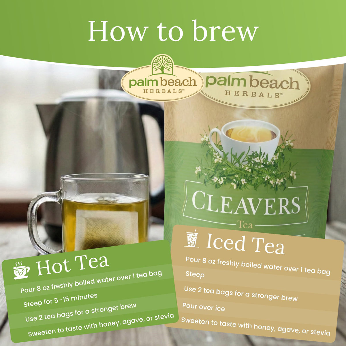 Palm Beach Medicinal Herbs Cleavers Tea bag closeup highlighting caffeine-free herbal blend