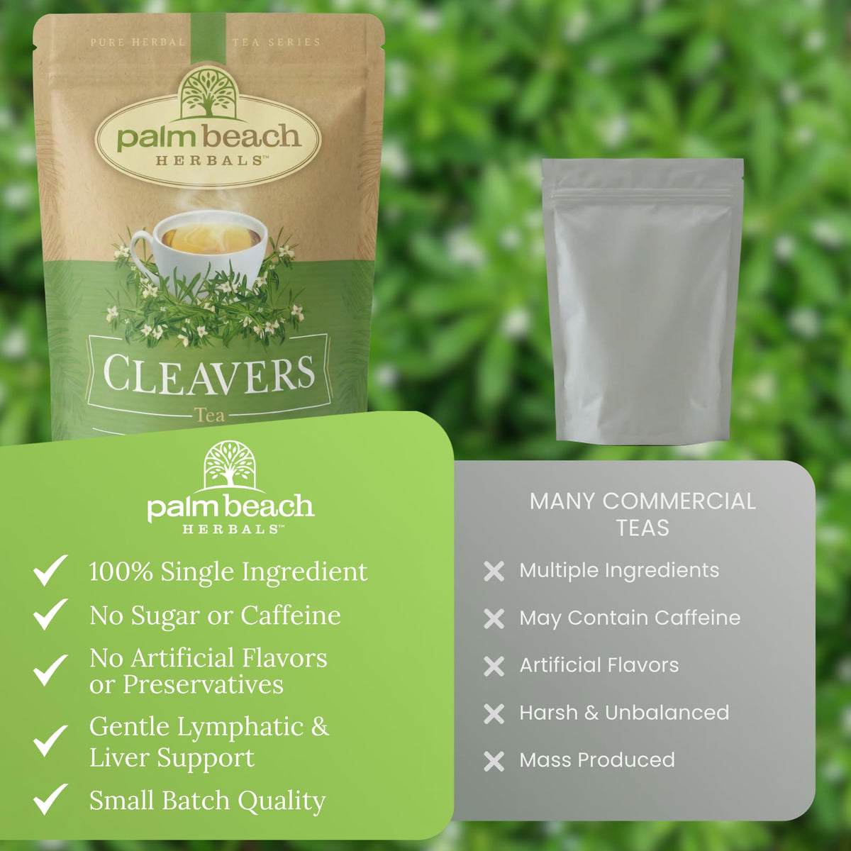 Palm Beach Medicinal Herbs Cleavers Tea hot brew featuring crisp earthy notes and soothing aroma