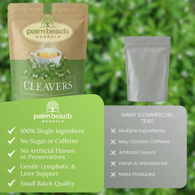 Palm Beach Medicinal Herbs Cleavers Tea hot brew featuring crisp earthy notes and soothing aroma