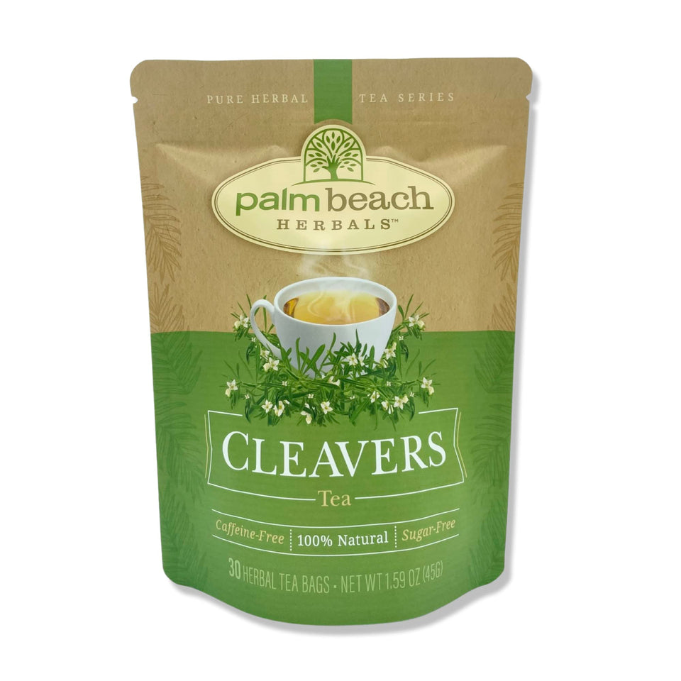 Palm Beach Medicinal Herbs Cleavers Tea packaging in a foil-lined pouch locks in freshness