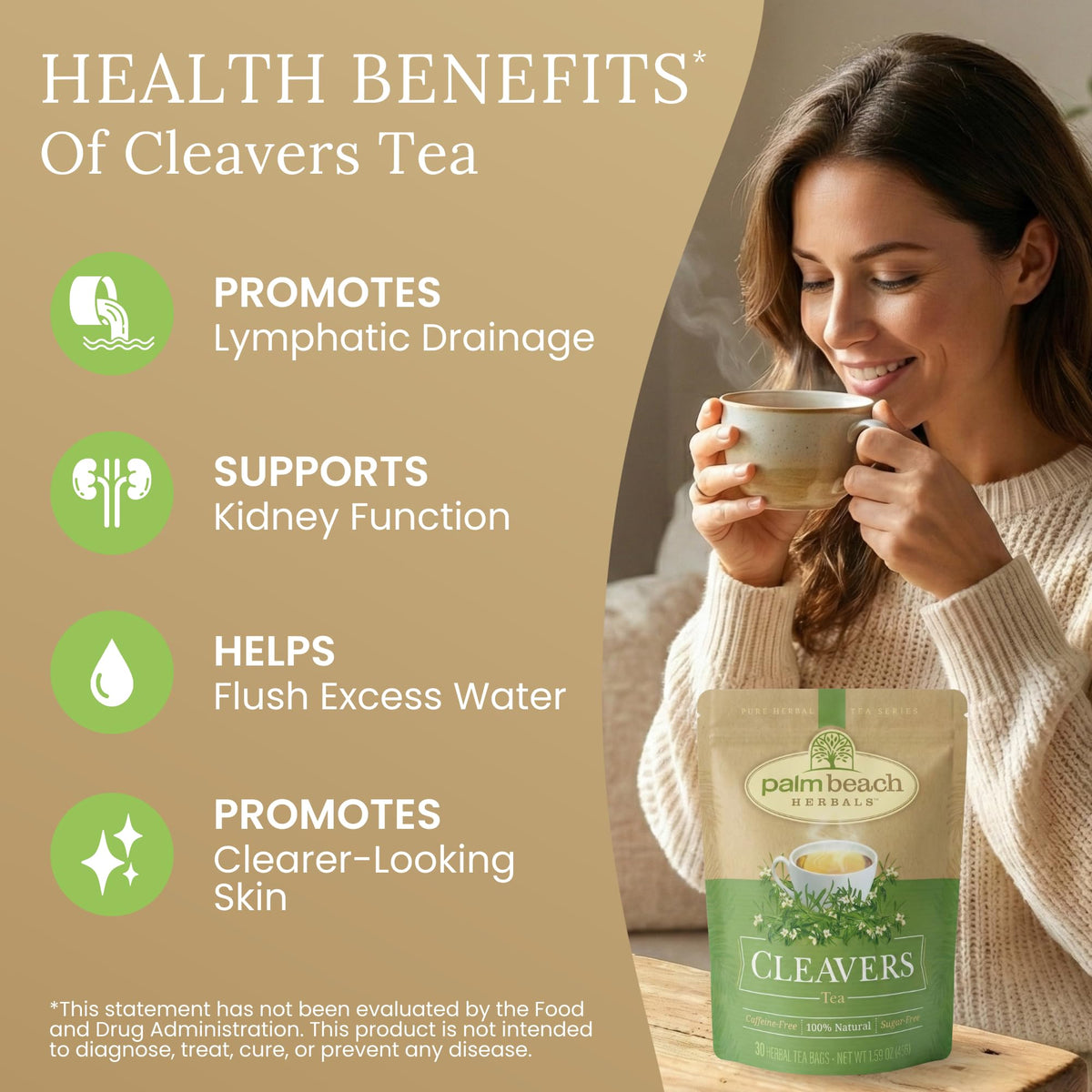 Palm Beach Medicinal Herbs Cleavers Tea steeping in cup shows confident preparation
